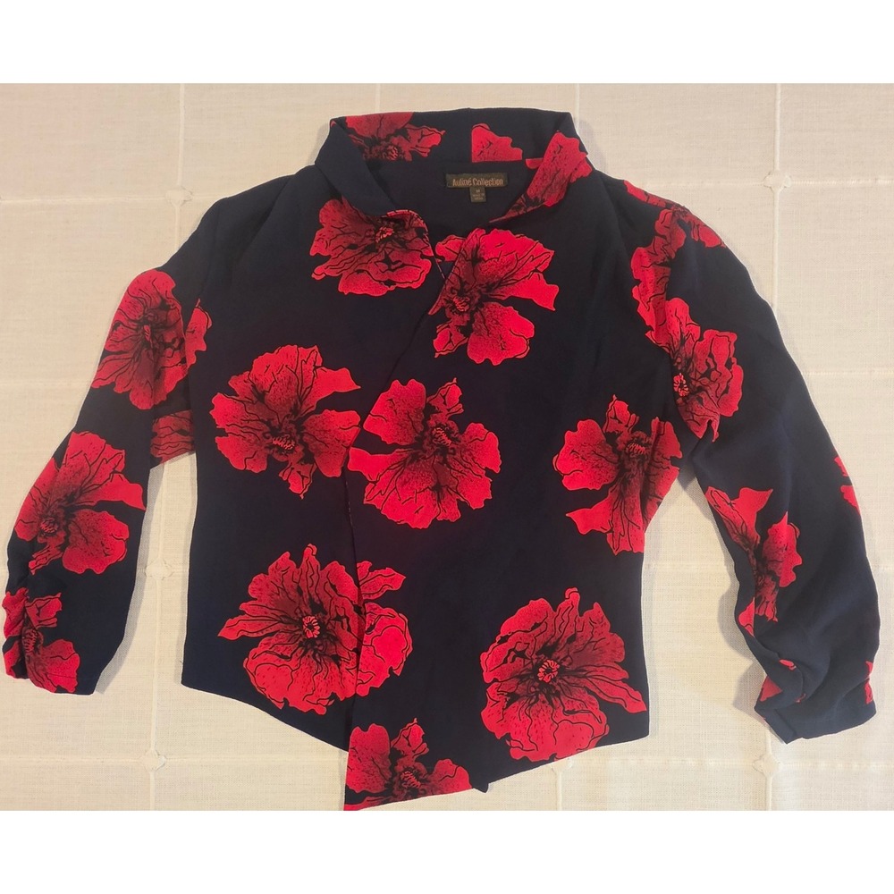 Auline Collection Navy Blue Red Floral Wrap Blouse V-Neck Long Sleeve Size M